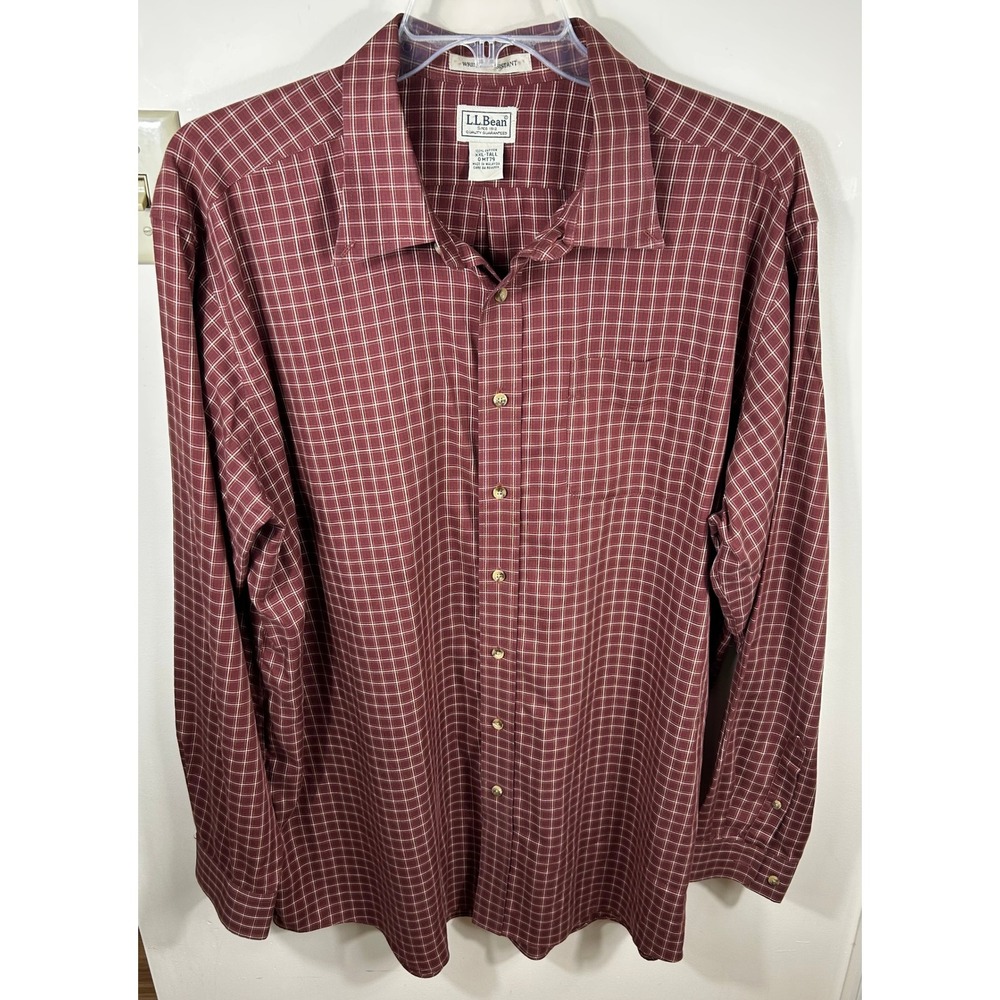 LL Bean Button Down Shirt Mens XXL Tall Burgundy Plaid Wrinkle Resistant Cotton